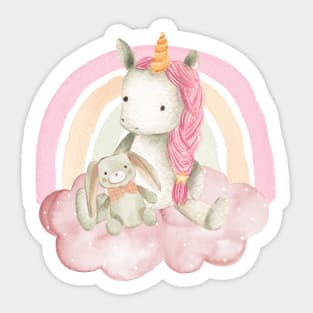 Cute pink baby unicorn with her favourite bunny toy sitting on a fluffy pink cloud Sticker